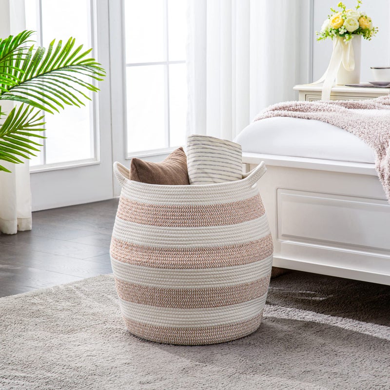 KAKAMAY Woven Baskets for Storage(17""x17"") Large Cotton Rope Woven Baby Laundry Hamper Collapsible Laundry Basket  Blanket Basket for Organizing Living Room Nursery Pillows Toy Chest(Rose) - Image 4